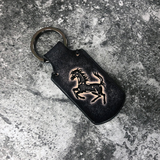Handmade Ferrari Logo Leather Keychain – Black
