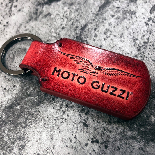 Moto Guzzi Leather Keychain – Rounded Rectangle Red