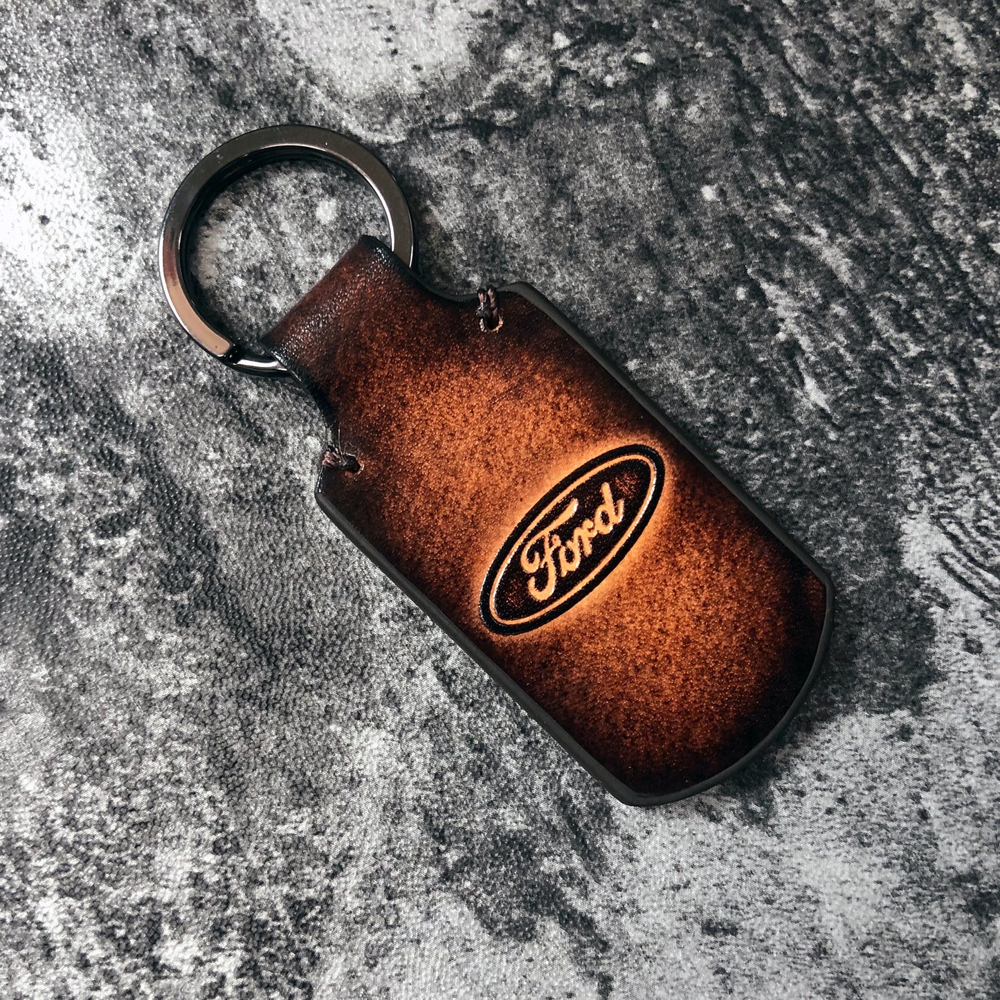 Handmade vintage Leather keychain in Brown. Embossed Ford Bronco