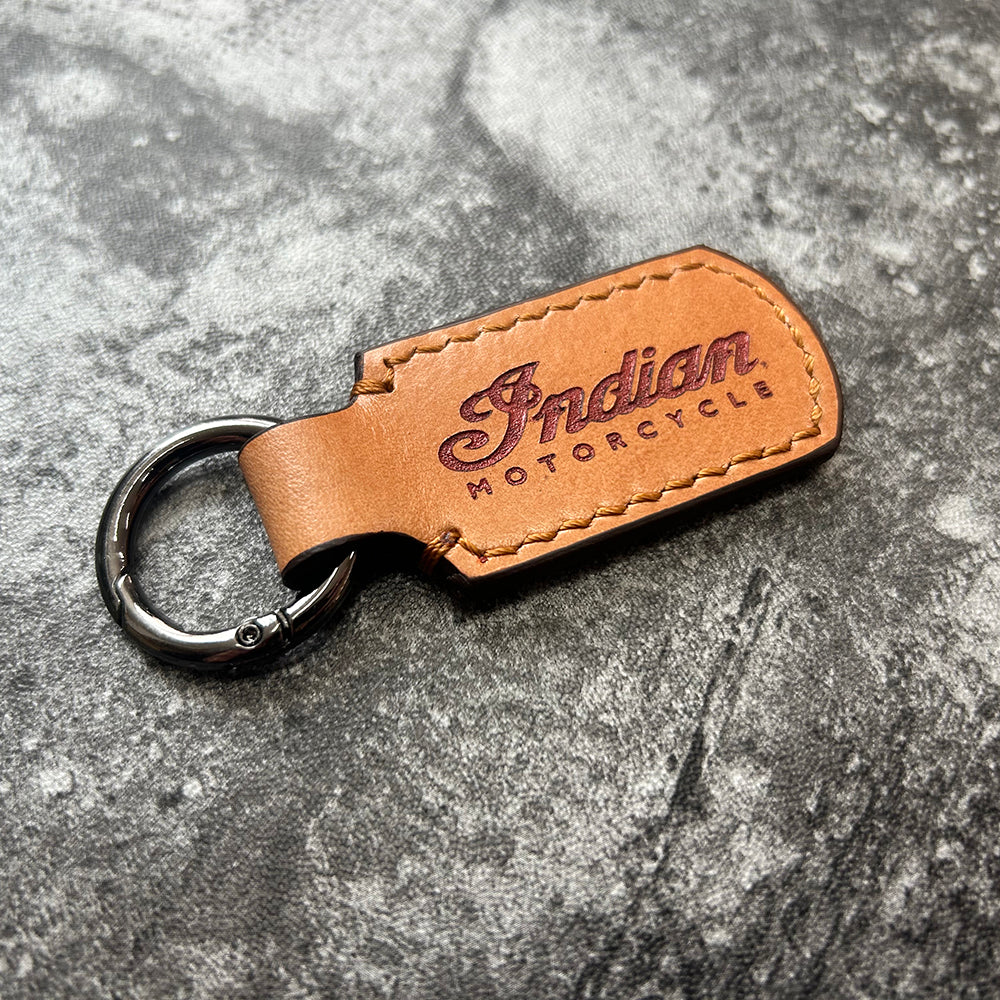 Indian Motorcycle Leather Keychain – Tan Brown Terracotta Inlay