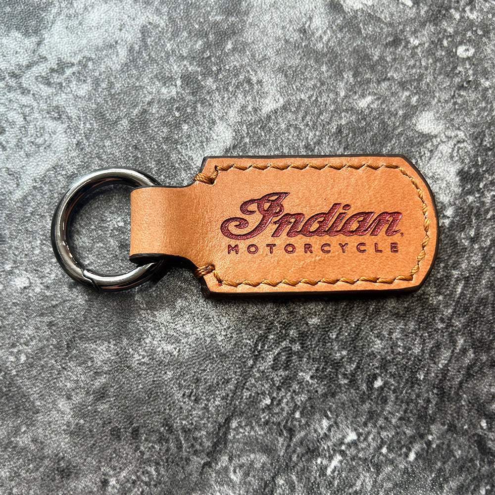 Indian Motorcycle Leather Keychain – Tan Brown Terracotta Inlay