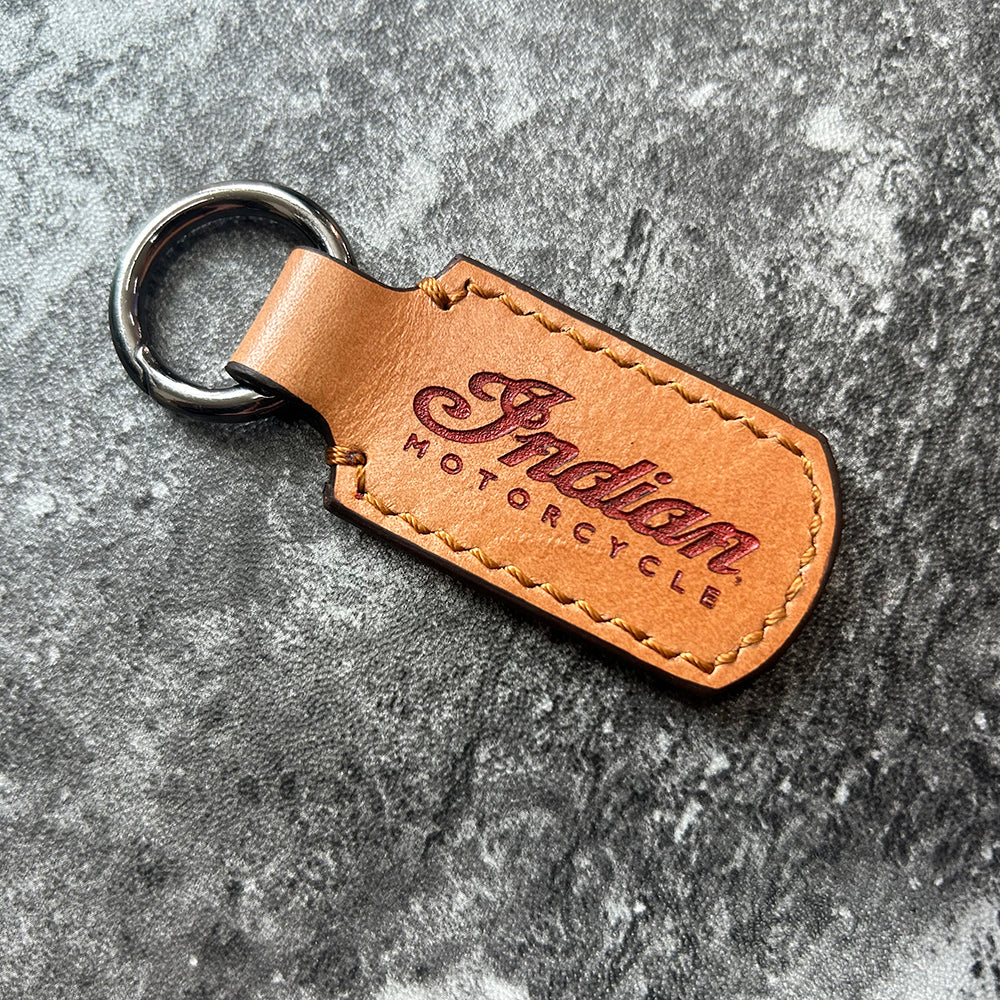 Indian Motorcycle Leather Keychain – Tan Brown Terracotta Inlay