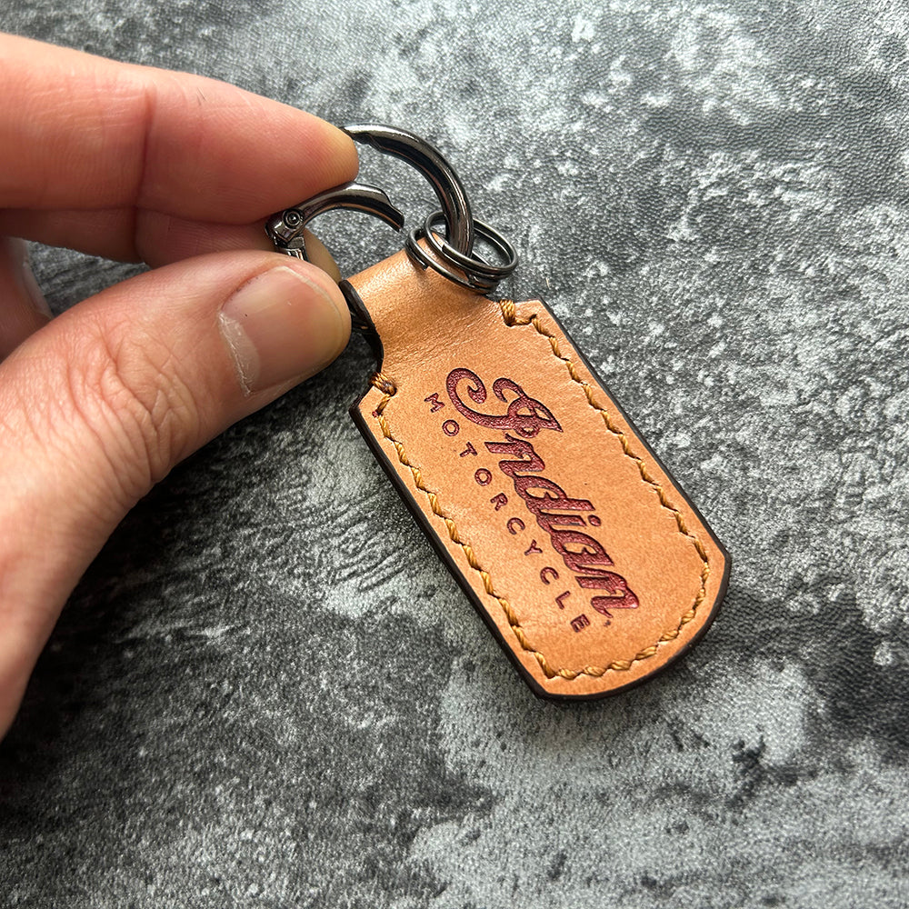 Indian Motorcycle Leather Keychain – Tan Brown Terracotta Inlay