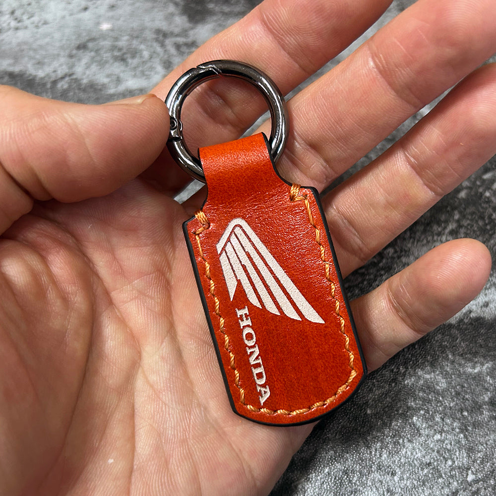 Handmade Orange Leather Keychain – Engraved Honda Logo