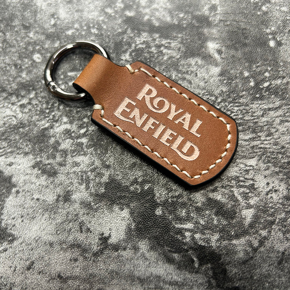 Handmade Brown Leather Keychain – Engraved Royal Enfield Logo
