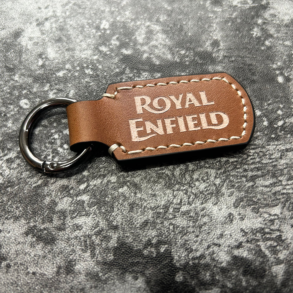 Handmade Brown Leather Keychain – Engraved Royal Enfield Logo