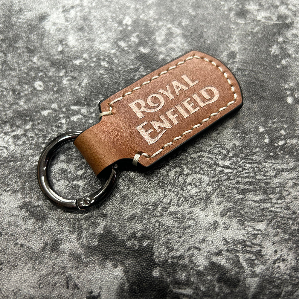 Handmade Brown Leather Keychain – Engraved Royal Enfield Logo