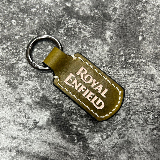Handmade Military Green Leather Keychain – Engraved Royal Enfield Logo