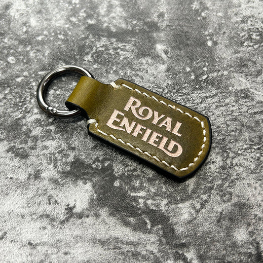 Handmade Military Green Leather Keychain – Engraved Royal Enfield Logo