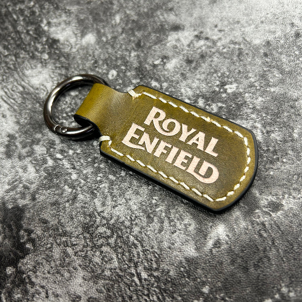 Handmade Military Green Leather Keychain – Engraved Royal Enfield Logo