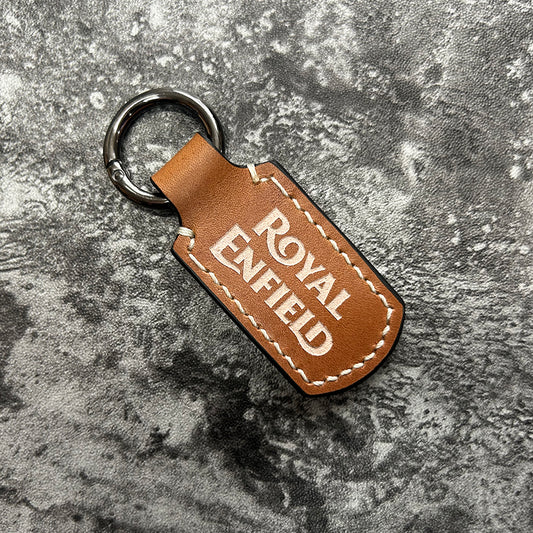 Handmade Brown Leather Keychain – Engraved Royal Enfield Logo