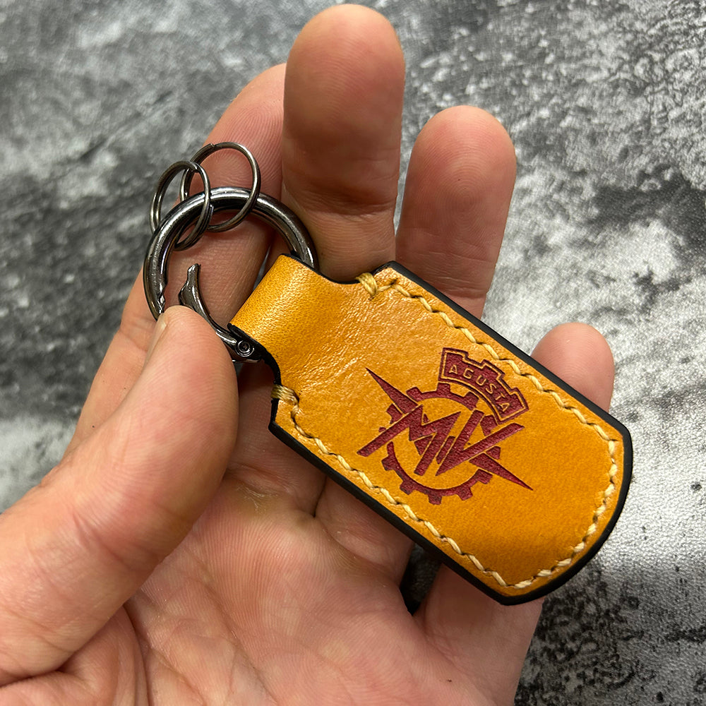 Handmade Yellow Leather Keychain – Engraved MV Agusta Logo, Hand Stitched