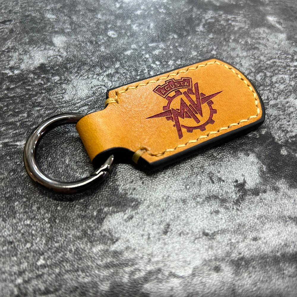 Handmade Yellow Leather Keychain – Engraved MV Agusta Logo, Hand Stitched