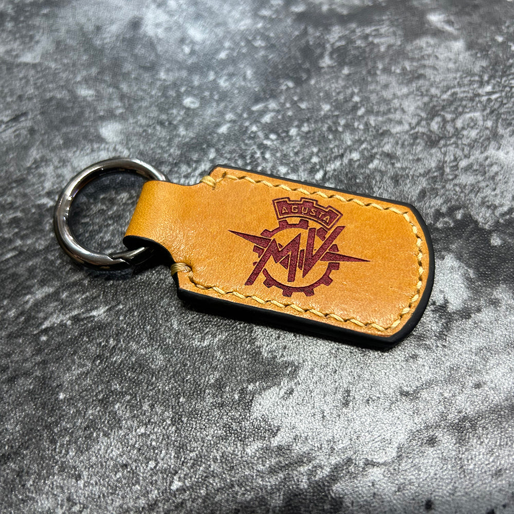 Handmade Yellow Leather Keychain – Engraved MV Agusta Logo, Hand Stitched