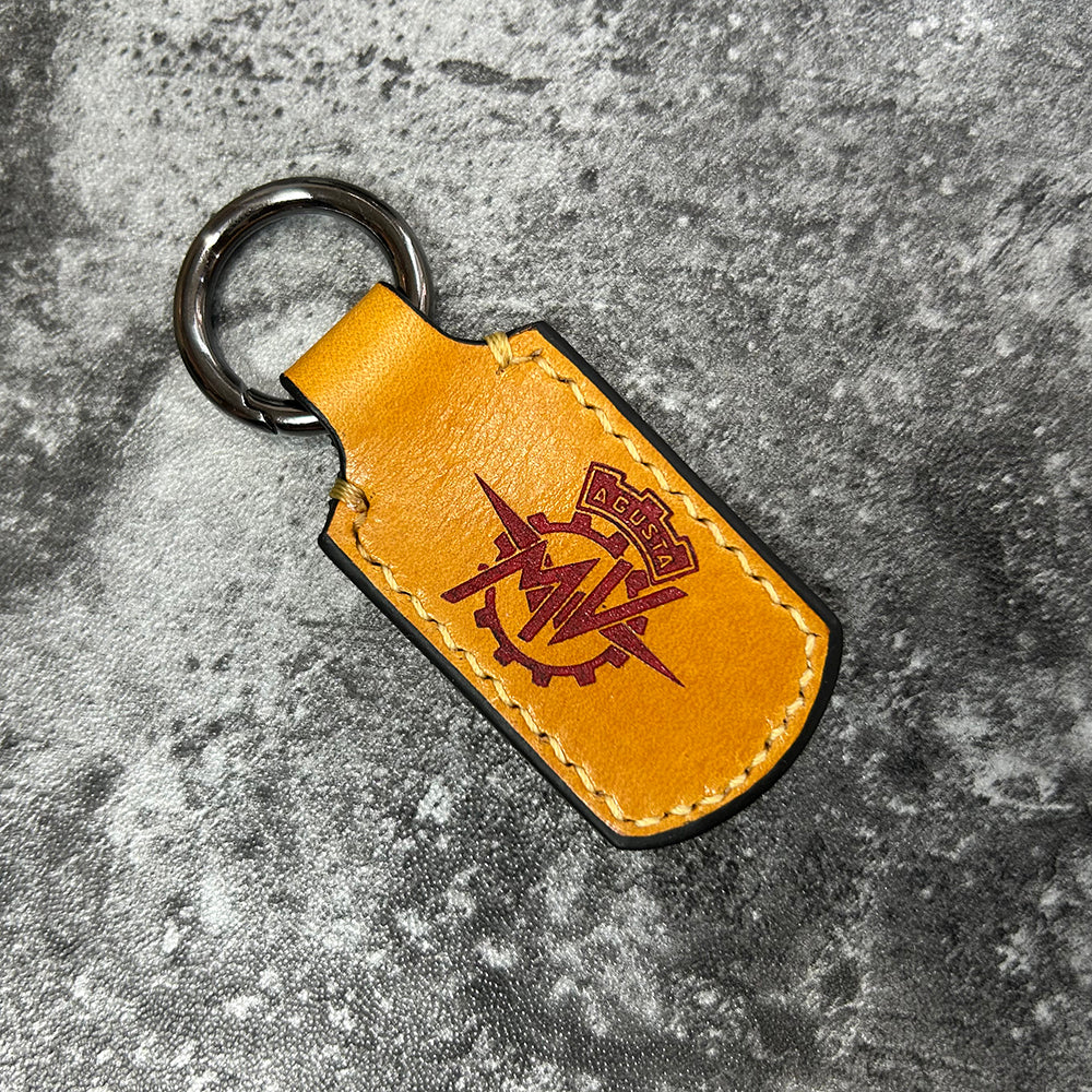 Handmade Yellow Leather Keychain – Engraved MV Agusta Logo, Hand Stitched