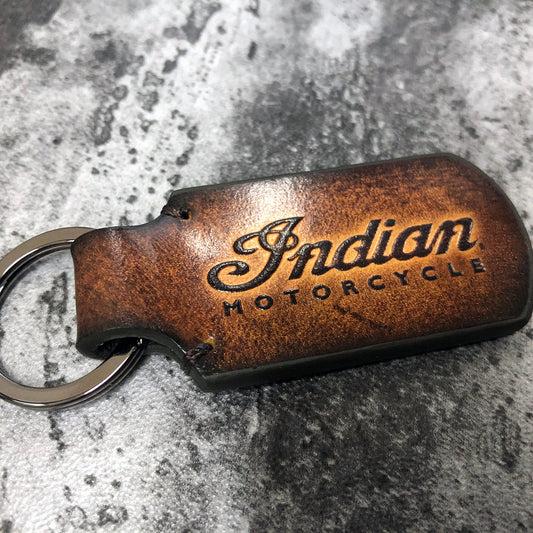 Embossed Indian, motorcycle vintage Leather keychain in Brown