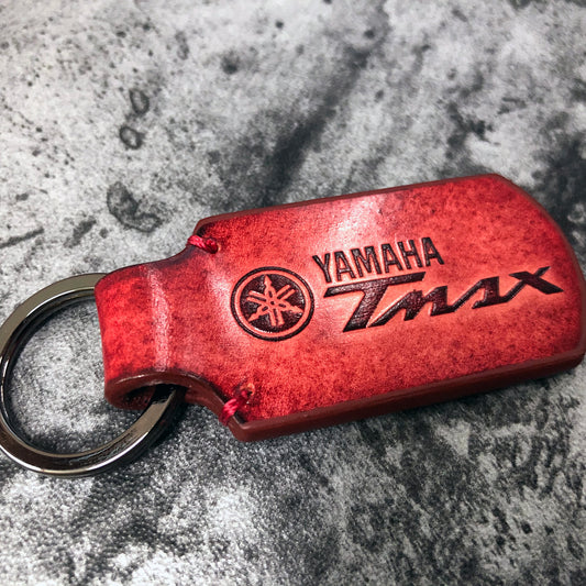 Yamaha Tmax is embossed. Handmade leather keychain in Red