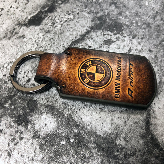 Handmade vintage Leather keychain in Brown. Customizable, BMW RnineT is Embossed