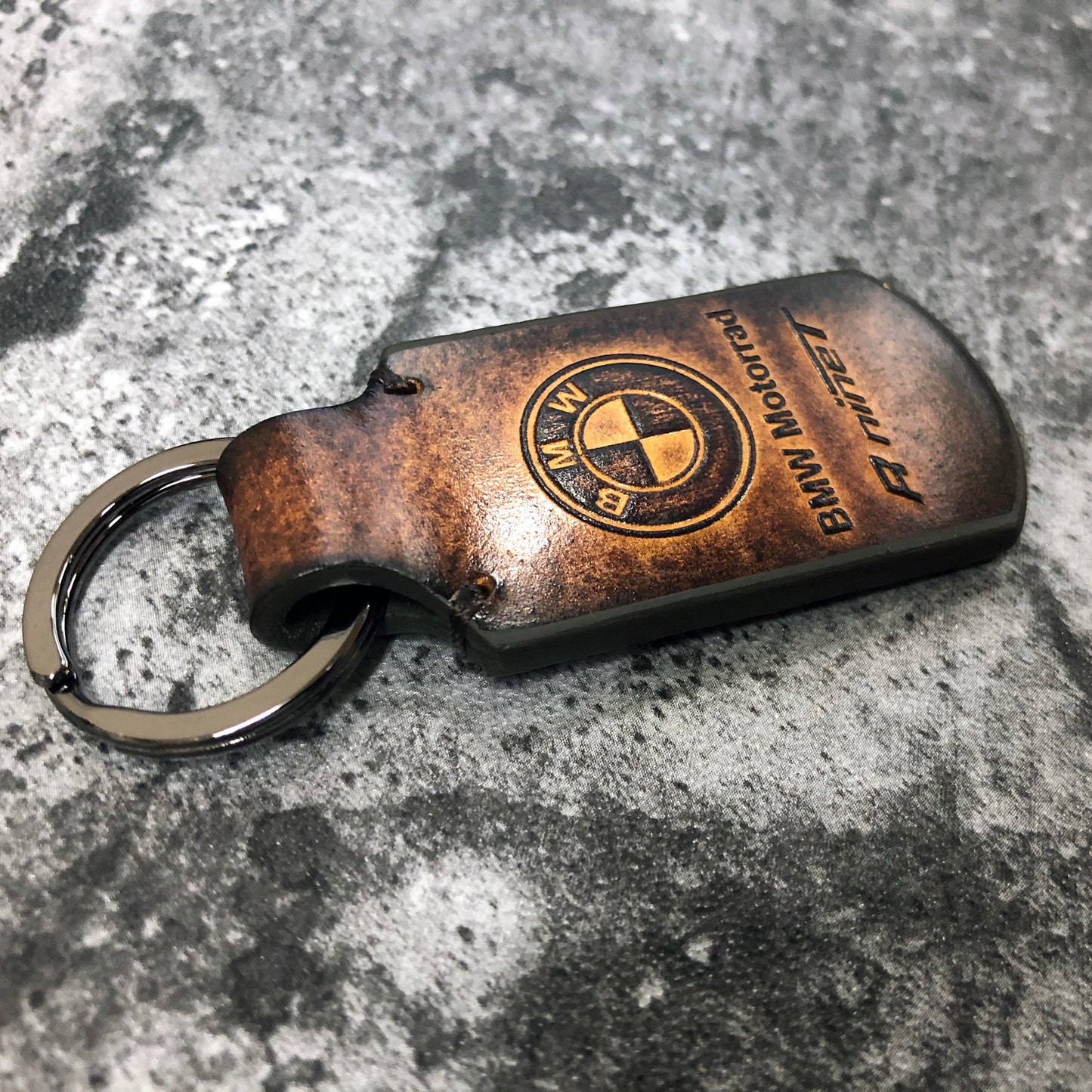 Handmade vintage Leather keychain in Brown. Customizable, BMW RnineT is Embossed