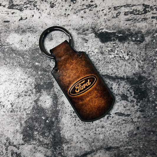 Handmade vintage Leather keychain in Brown. Embossed Ford oval, Customizable