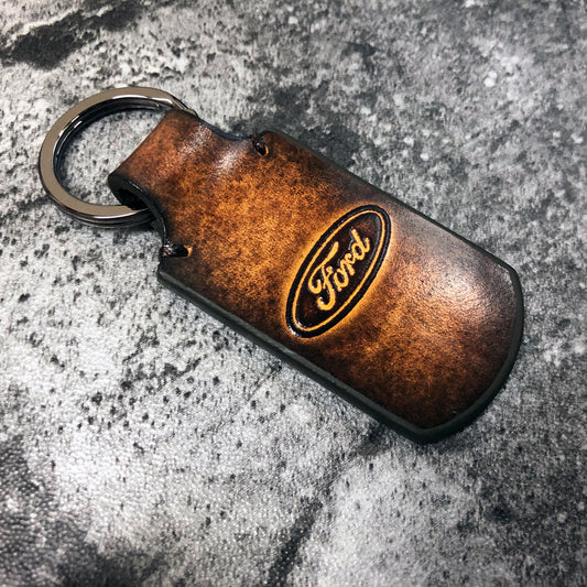 Handmade vintage Leather keychain in Brown. Embossed Ford oval, Customizable