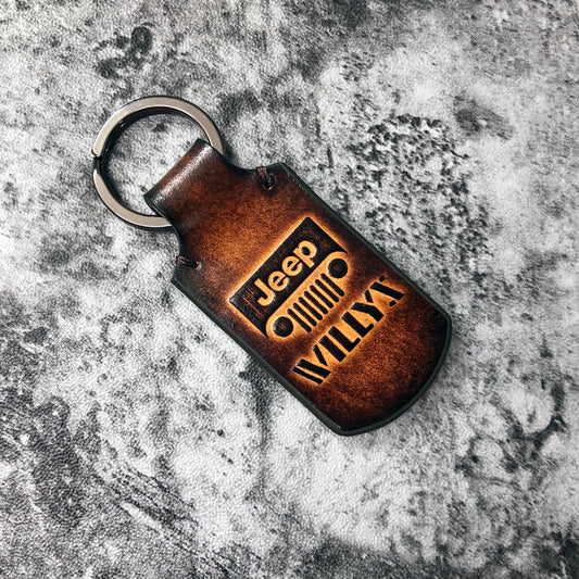 Willys vintage Leather keychain in Brown. Embossed Jeep grill silhouette