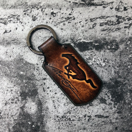 Horse and mustang are embossed, vintage Leather keychain in Brown