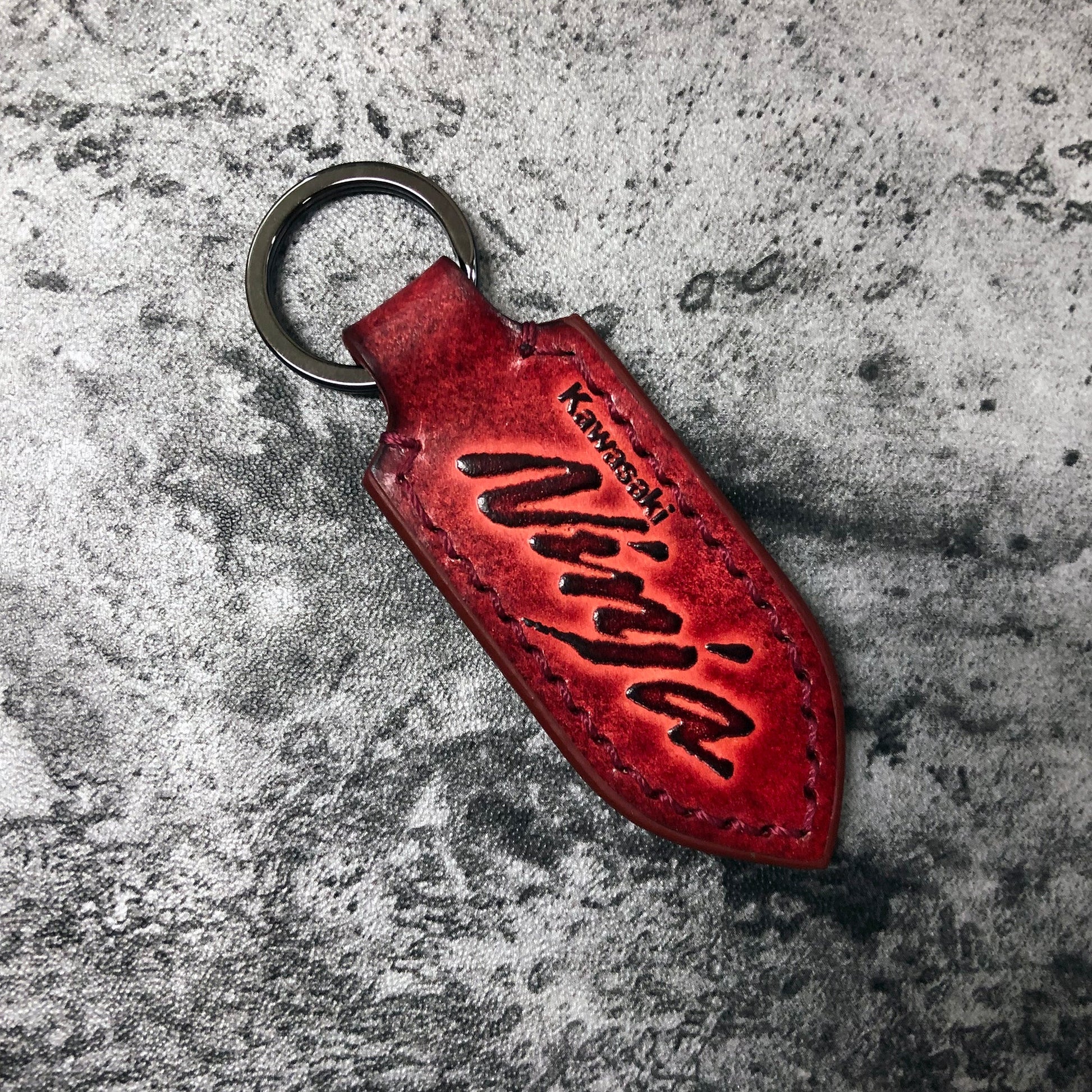 Kawasaki Ninja lettering, handmade leather keychain in Red(Pointed