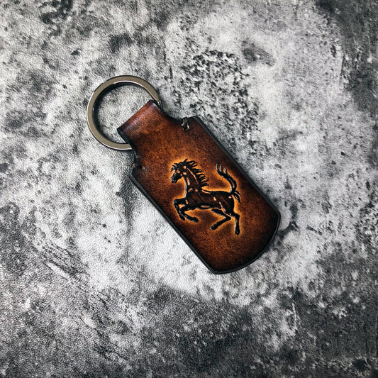 Handmade vintage Leather keychain in Brown. Embossed Ferrari logo