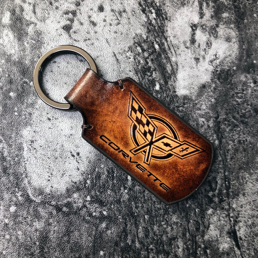 Handmade vintage Leather keychain in Brown. Customizable, Embossed Corvette C5