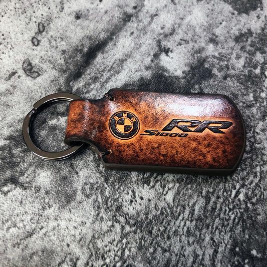 BMW S1000RR, Handmade vintage Leather keychain in Brown. Customizable,