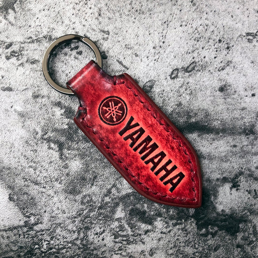 Motorcycle leather keychain in Red(Pointed shape) Yamaha is embossed