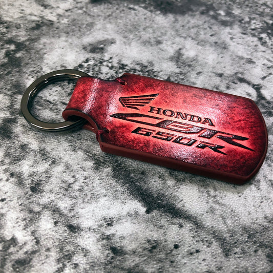 Handmade CBR650R vintage Leather keychain in Red. Customizable