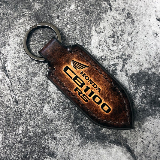 CB1100RS is embossed. Handmade Leather keychain in Brown(Pointed shape)