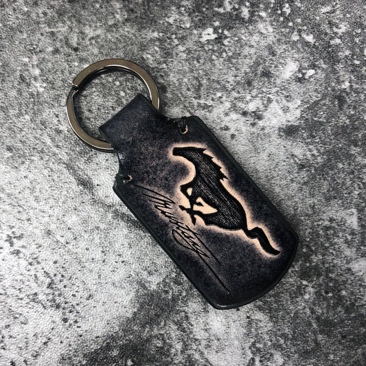 Horse and mustang are embossed, vintage Leather keychain in Black