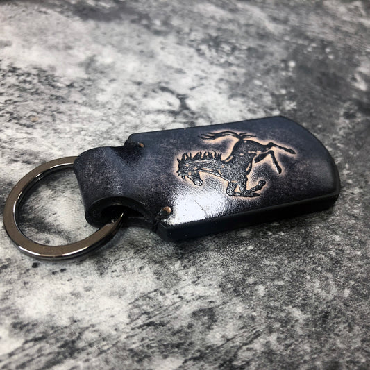 Handmade vintage Leather keychain in Black. Embossed Ferrari logo