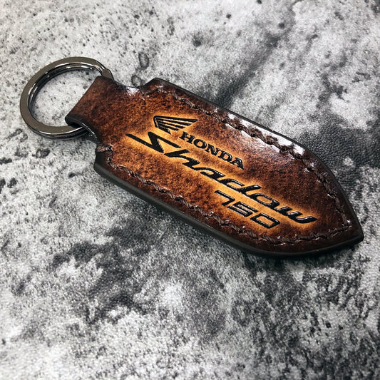 Handmade leather keychain with Shadow 750 lettering(Pointed shape) in Brown