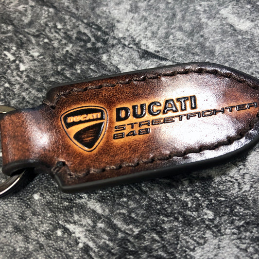 Ducati Streetfighter 848 is embossed, Handmade Leather keychain in Brown(Pointed shape)