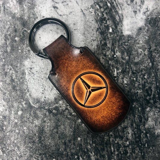 Benz symbol embossed, vintage Leather keychain in Brown. Customizable