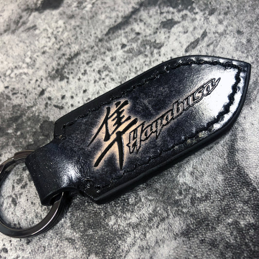 Hayabusa is embossed, motorcycle Leather keychain in Black(Pointed shape)