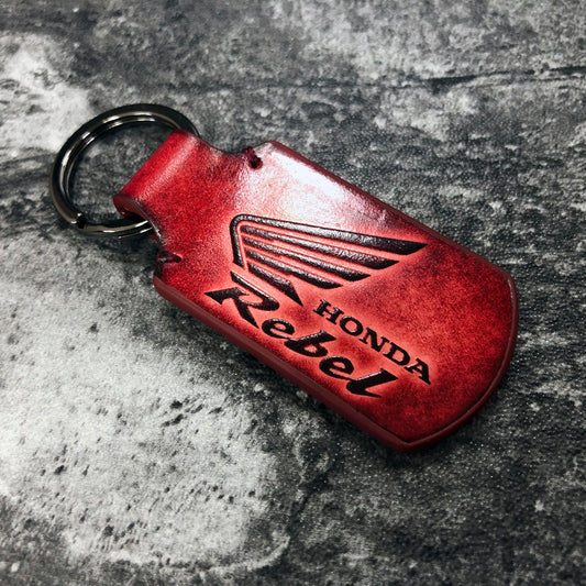 Handmade Rebel vintage Leather keychain in Red. Embossed motorcycle symbol, Customizable