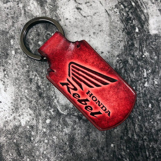 Handmade Rebel vintage Leather keychain in Red. Embossed motorcycle symbol, Customizable