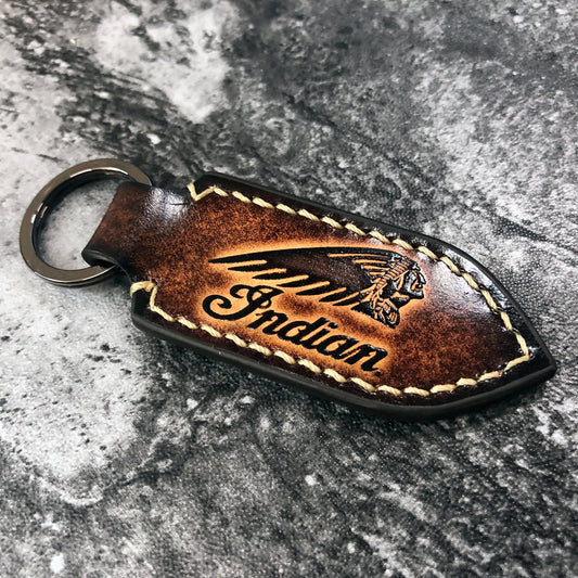 Indian chief is embossed, motorcycle leather keychain in Brown(Pointed shape)