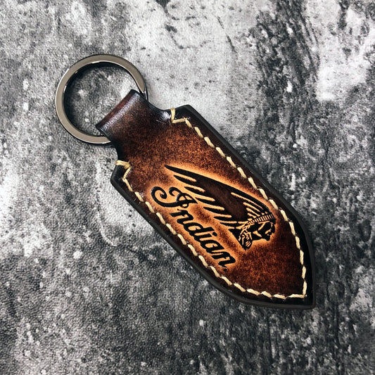 Indian chief is embossed, motorcycle leather keychain in Brown(Pointed shape)