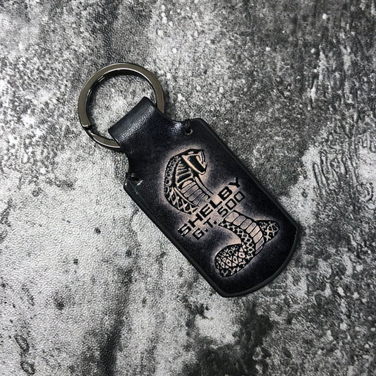 Shelby GT 500 vintage Leather keychain in Black. Cobra symbol is embossed