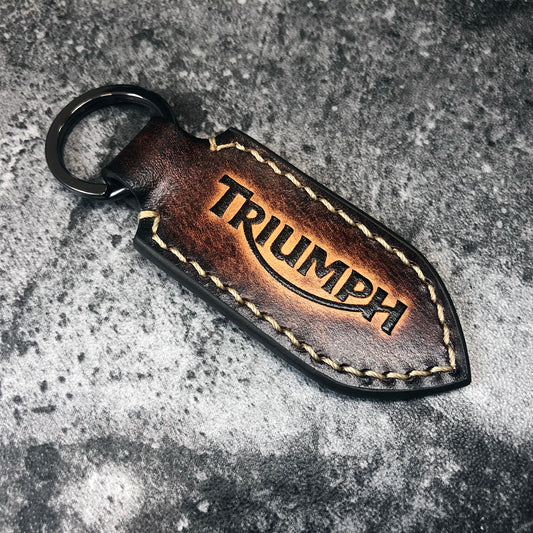 Handmade motorclcle Leather keychain in Brown(Pointed shape) Triumph is embossed