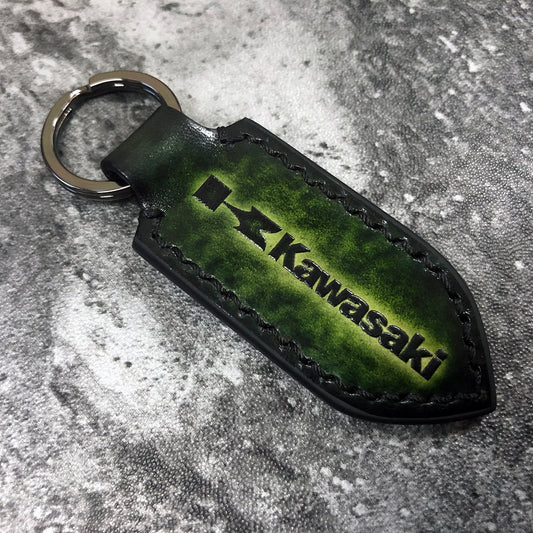 Handmade Leather keychain in Dark Green for Kawasaki Owners (Pointed shape) Kawasaki is embossed