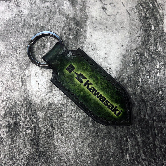 Handmade Leather keychain in Dark Green for Kawasaki Owners (Pointed shape) Kawasaki is embossed