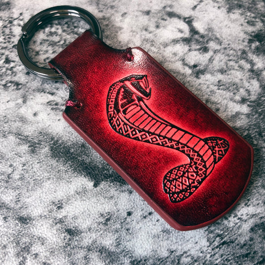 Shelby Cobra symbol is embossed, vintage Leather keychain in Red.