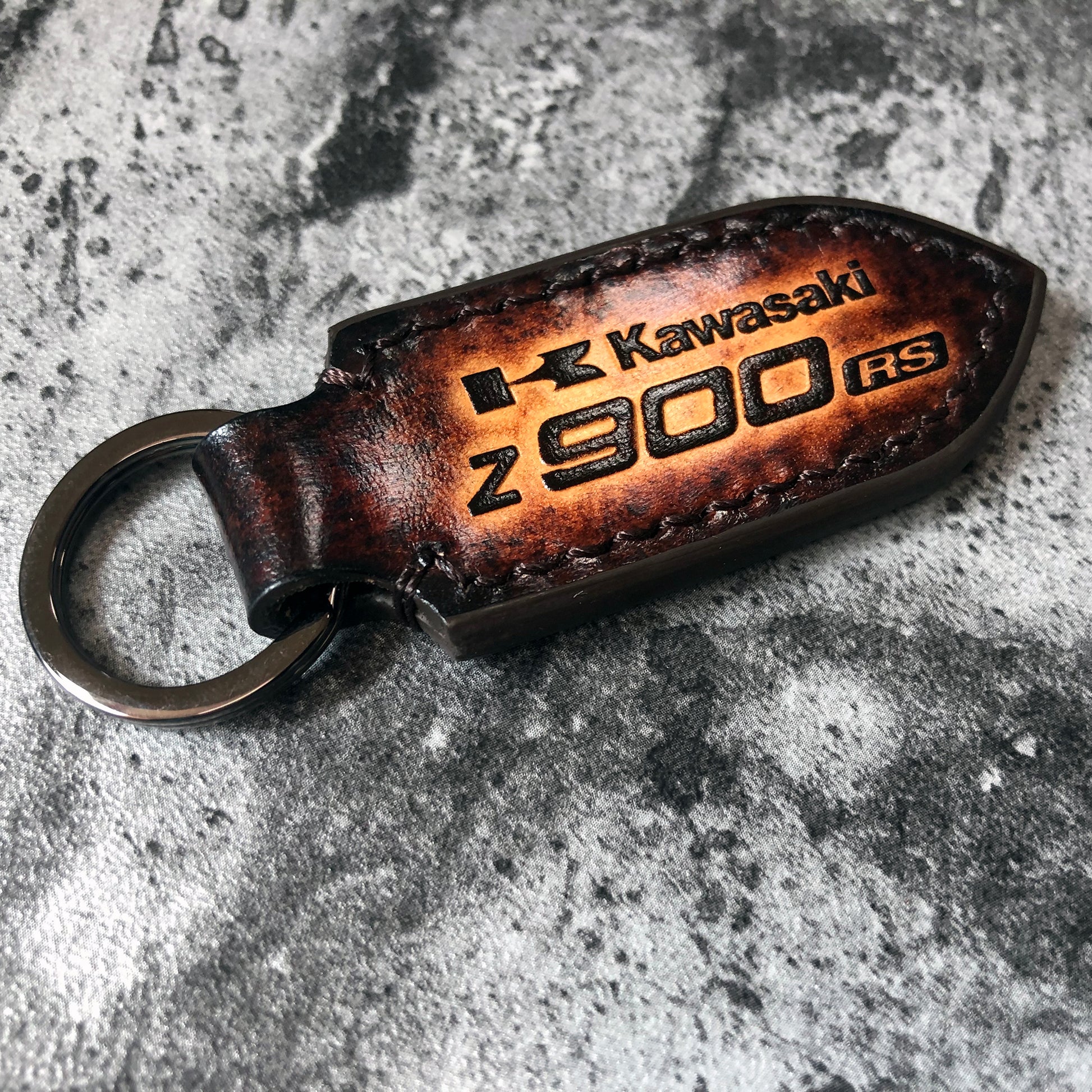 kawasaki Z900rs embossed, Motorcycle leather keychain in Brown